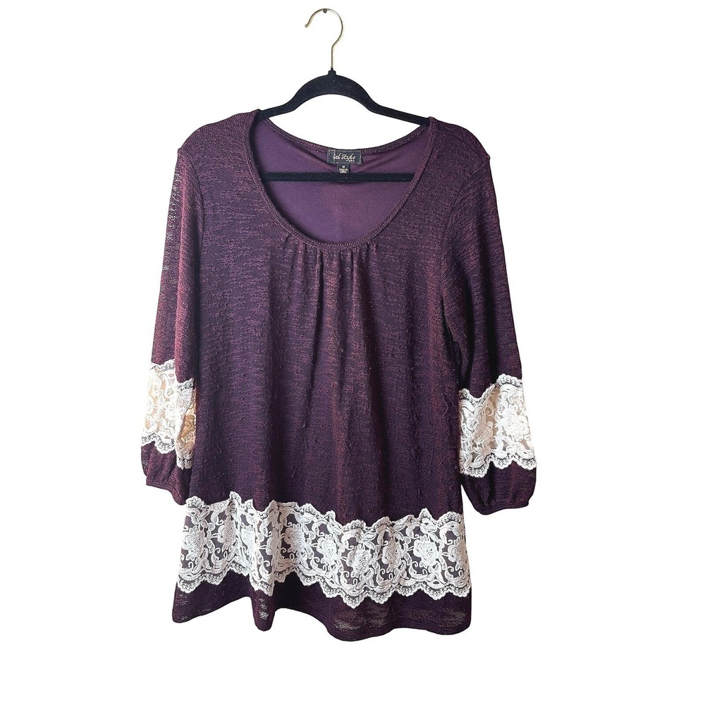 Womens M Tunic Blouse Top Lace Trim 3/4 Sleeve Scoop Neck Boho Cottagecore